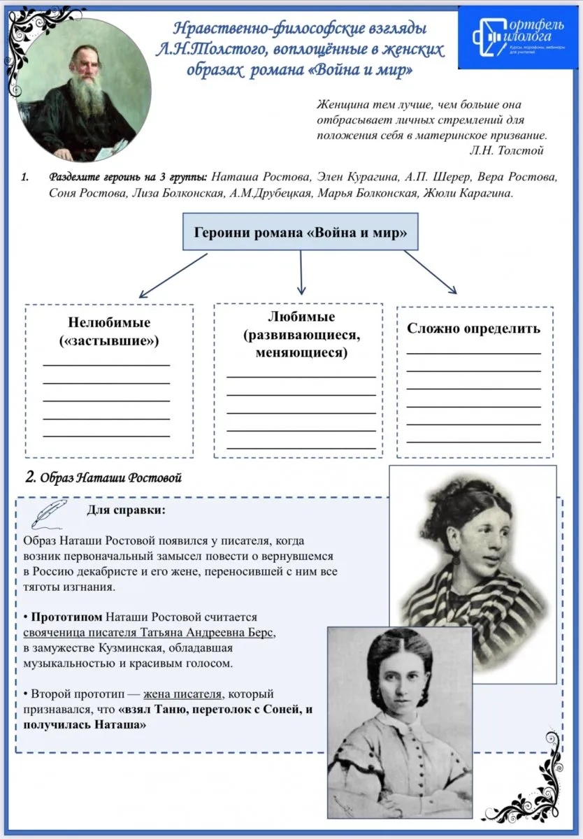 Л.Толстой «Война и мир». Рабочие листы к урокам